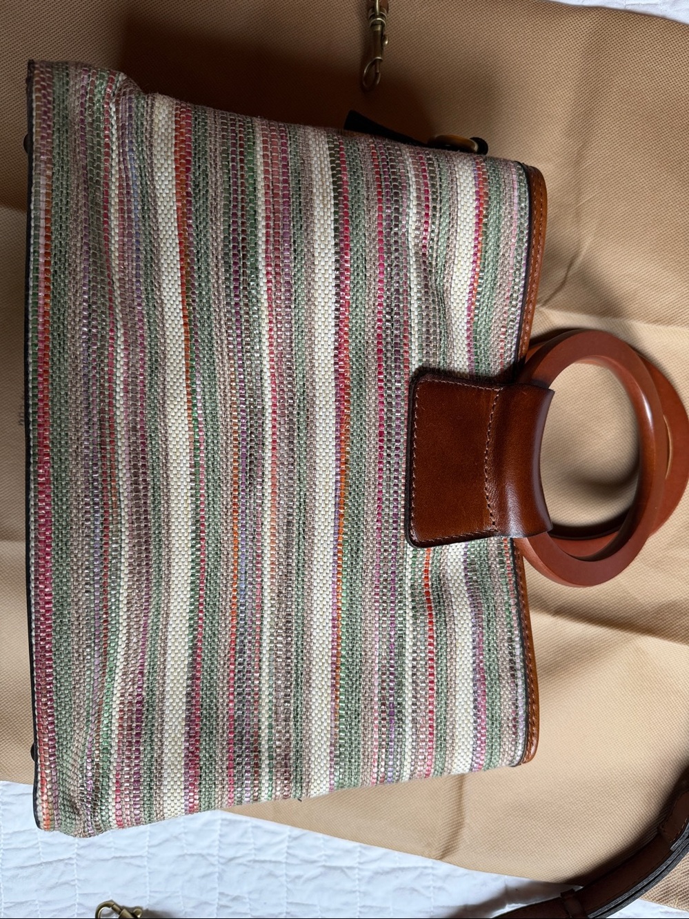 Patricia Nash Multicolor Striped Canvas Tote with Brown Leather Ring Handles - Picture 7 of 7